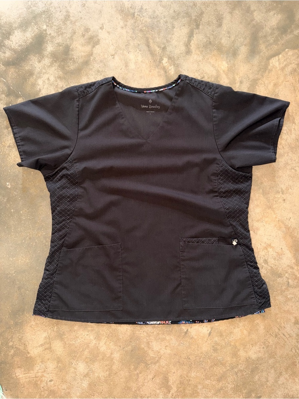 Vera Bradley Black Scrub Top Large Quilted Stretch V Neck Healthcare Assistant